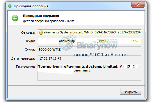 Пример вывода денег со счета Binomo